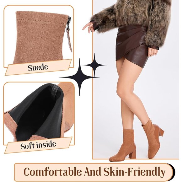 Women's Chestnut Square Toe Low Block Heel Chelsea Back Zipper Mid Calf Booties - Picture 3 of 6